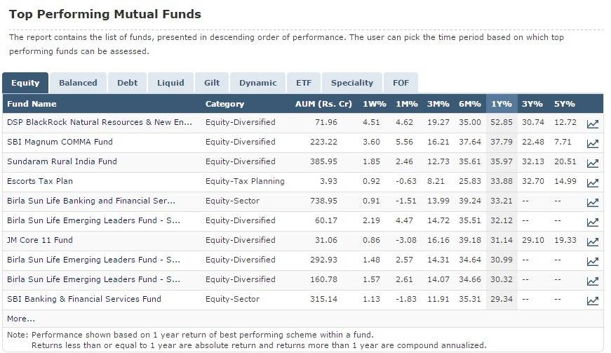 Top performing mutual fund equity and their returns 