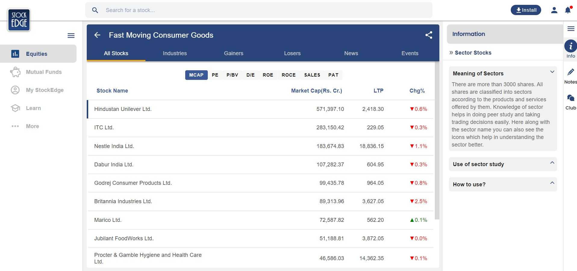 analyzing company fundamental using Stockedge web application